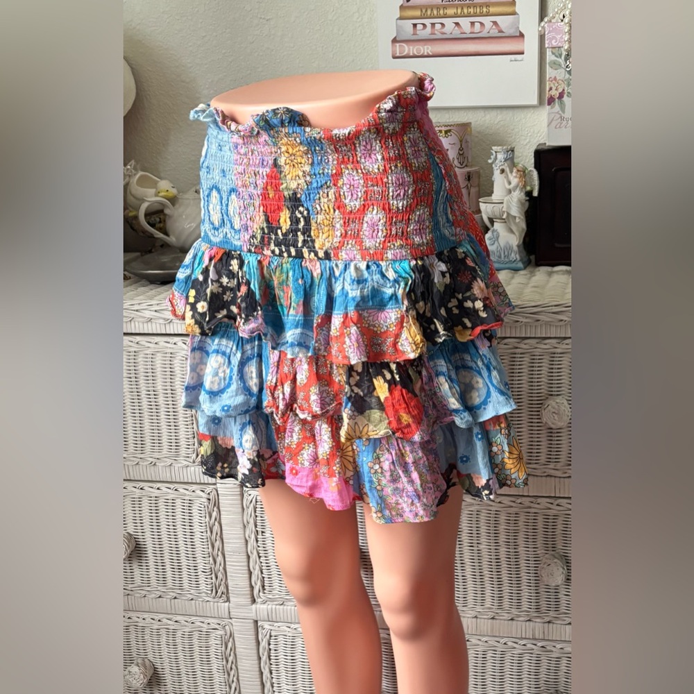 Spell & The Gypsy Collective Cha Cha Shirred Mini Skirt Multicolor Cotton Size M - Picture 4 of 9